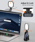 Ring Light For Laptop And Desk Setup With Screen Safe Clip And Adjustable Monitor Mount Eye Caring Diffused LED For Natural Skin Tones CRI 97.8 50 Lighting Modes For Zoom Calls Video Streaming And On Camera Meetings mounted on laptop showing adjustability