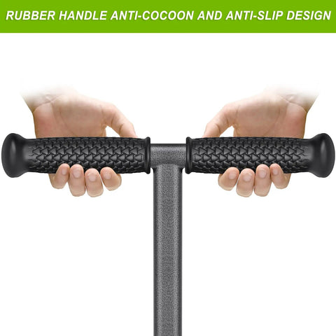 Manual Lawn Core Aerator With Stainless Steel Core Plugs and Storage Tray, anti-slip rubber handle design detail.