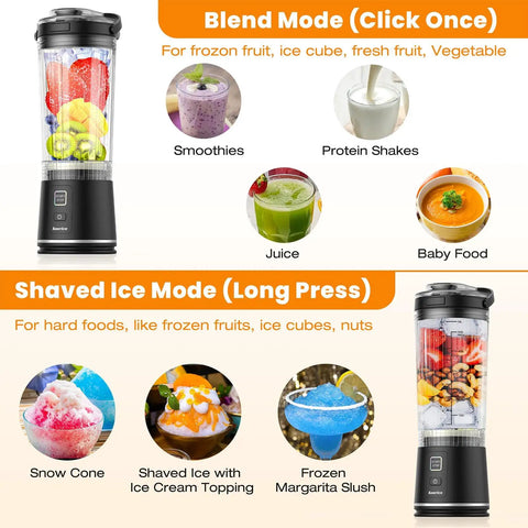 Personal Size Portable Blender For Shakes And Smoothies, 16oz Mini Small Smoothie Blender With On The Go Lid and Sip Lid, 26000Rpm Rechargeable Cordless Electric Blender For Travel Gym Office, Black showcasing blend and shaved ice modes.
