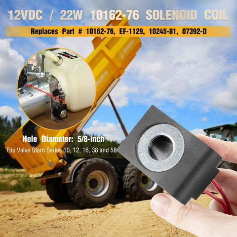12V DC 22W Solenoid Coil Replacement For Valve Stem Series 10 12 16 38 58 with dual wire leads, shown with dump trailer