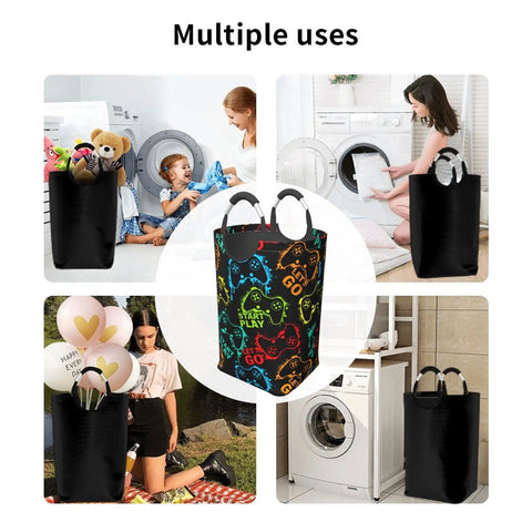Colorful Silhouettes Laundry Basket With Handles, 50L Large Hamper in use in various home settings with toys and laundry