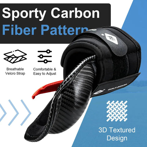 Golf Swing Trainer With Carbon Fiber Pattern Hinge Brace Band showing breathable Velcro strap and adjustable design.