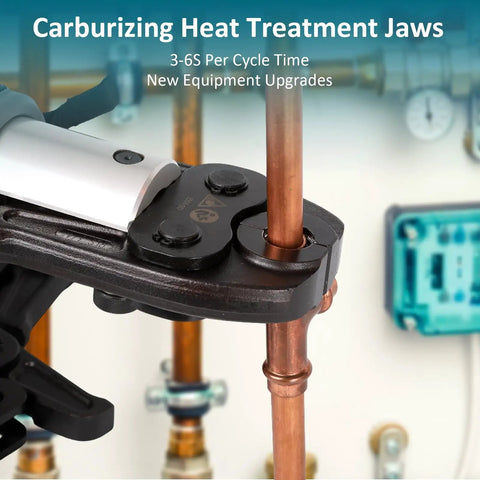 Close-up of 7 Piece Compact Press Jaws Kit For 1/4 Inch To 1 1/8 Inch Refrigeration Piping in use on copper pipe