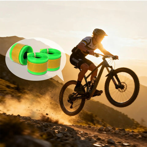 Cyclist on mountain trail with inset of Self-Adhesive Fat Bike Tire Liner TPU Puncture Protector for 20 to 26 Inch Fat Tires