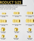 Brass compression tube fittings kit with union connectors and ferrules, 108pcs, sizes 1/8-1/2 in OD