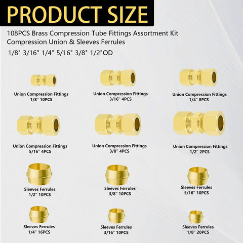 Brass compression tube fittings kit with union connectors and ferrules, 108pcs, sizes 1/8-1/2 in OD