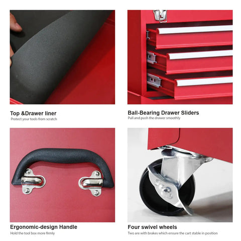 Close-up of Red Large Tool Chest With Three Drawers For Garage Or Workshop, showing drawer liner, ball-bearing sliders, ergonomic handle, swivel wheels.