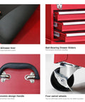 Close-up of red tool chest details including drawer liner, ball-bearing sliders, ergonomic handle, and swivel wheels for Rolling Garage Tool Organizer With Detachable 3 Drawer Chest, Large Storage Cabinet And Adjustable Shelf, Red Tool Chest For Workshop, Heavy Duty Steel Construction, Easy Glide Drawers, Keeps Tools Ready To Go