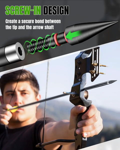 Beefy 100 Grain Screw In Field Tips 24 Pack for arrows shown in screw-in design with archer aiming a bow