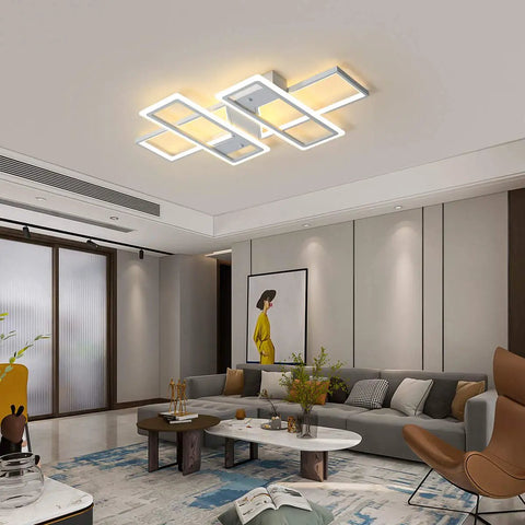 Four Square Dimmable LED Ceiling Light With Remote Control For Living Room, Bedroom, Dining And Kitchen 80W Acrylic Flush Mount Fixture, Sleek Dope Modern Square Design, Color Temperature Adjustable From Cool White To Warm White installed in modern living room