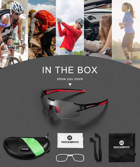 Photochromic Cycling Sunglasses For Men And Women, Frameless Bike Glasses With UV Protection, accessories displayed
