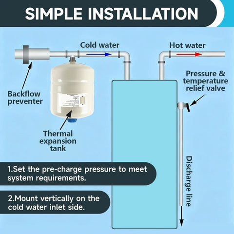 Diagram showing Legit Badass 4.5 Gallon Water Heater Expansion Tank with cold and hot water connections and installation notes.