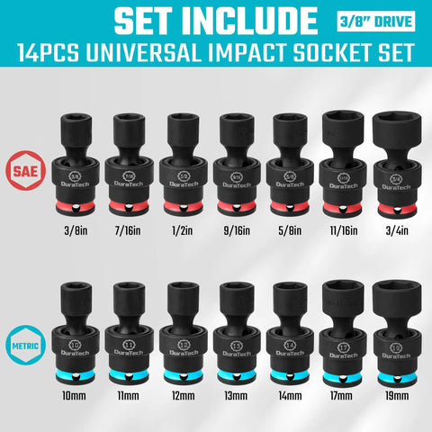 3/8 Inch Drive Impact Swivel Socket Set With 14 Shallow Wobble Sockets SAE And Metric In One Kit Heavy Duty Chrome Molybdenum Construction For Tough Jobs, 14-piece sizes