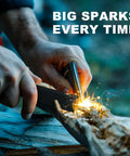 Person using Hardcore Fire Starter Survival Kit With magnesium rod and striker to create sparks on wood for camping.