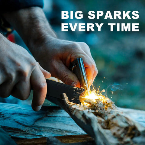 Person using Hardcore Fire Starter Survival Kit With magnesium rod and striker to create sparks on wood for camping.