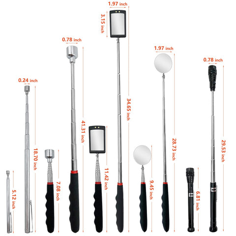 Five Piece Magnetic Pickup Tool Kit with Telescoping Flexible Flashlight Round and Square Inspection Mirrors and Two Magnetic Retrieval Rods