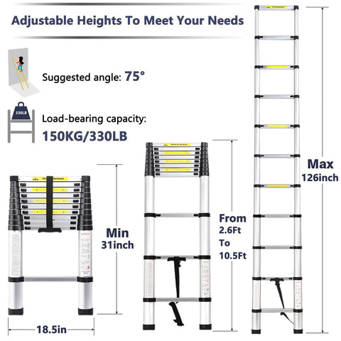 Diagram of Telescopic Aluminum Extension Ladder 12.5 Ft Multi Purpose Collapsible Ladder with Non Slip Feet and Locking Mechanism