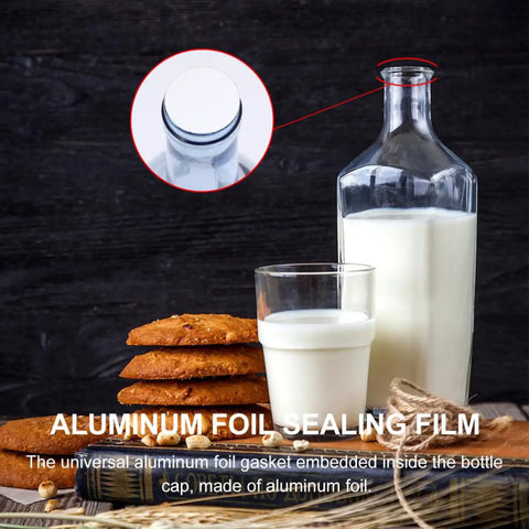 Premium Aluminum Foil Seal Gaskets for Plastic Bottles and Glass Containers on a milk bottle, cookies in the background.