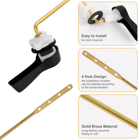 Universal Metal Front Mount Toilet Handle Kit In Matte Black With Brass Flush Lever, Stainless Steel Flapper Chains
