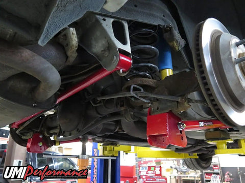 Red Non Adjustable Panhard Bar For 1998 To 2002 Camaro Firebird GM F Body Rear Tubular Suspension Upgrade For Improved Stance Handling And Wheel Alignment installed under rear suspension