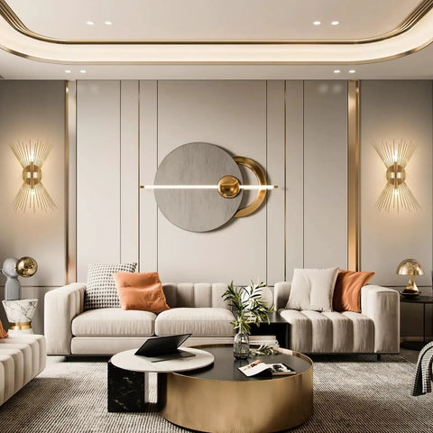 Dope Gold Sunburst Wall Sconce Two Light Fixture For Bathroom And Living Spaces illuminating elegant living room decor