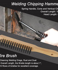 Close-up of welding chipping hammer and wire brush from MIG Welding Tools 10 Piece Kit, showing spring handle and wooden grip.