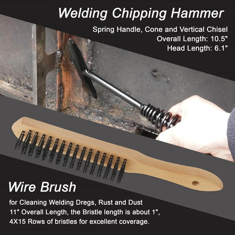 Close-up of welding chipping hammer and wire brush from MIG Welding Tools 10 Piece Kit, showing spring handle and wooden grip.