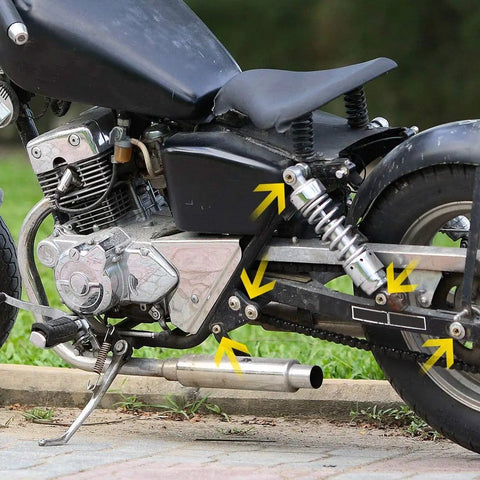 Motorcycle with arrows indicating areas for Colorful Titanium Alloy M6 Motorcycle Bolts And Screws Set 6 Pack Hex Head Fasteners replacement