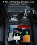 Durable Three Port USB C Car Charger 102W Rapid Fire Juicing Adapter with devices charging in car on dashboard.