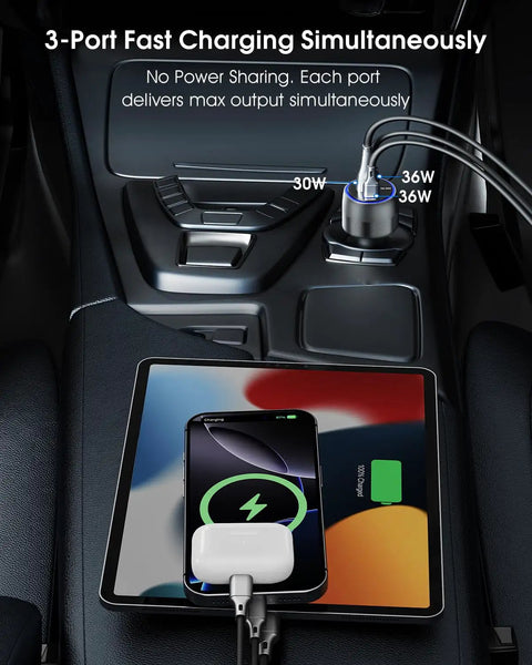 Durable Three Port USB C Car Charger 102W Rapid Fire Juicing Adapter with devices charging in car on dashboard.