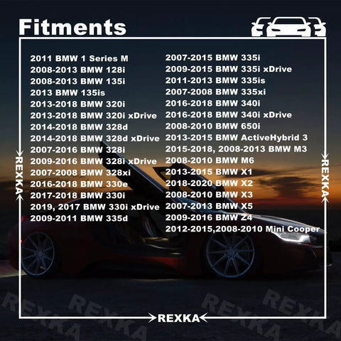 Fitment list for Bulk 50 Pack M4.8-1.61 X 16mm Hex Head Sems Screws Set for various BMW models in front of a car silhouette.