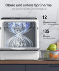 Compact Mini Wifi Smart Countertop Dishwasher With 5L Built In Water Tank And Six Wash Programs showing 360 dual spray arms and water flow.