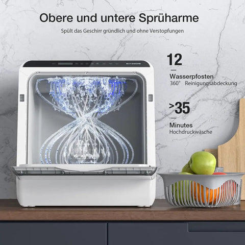 Compact Mini Wifi Smart Countertop Dishwasher With 5L Built In Water Tank And Six Wash Programs showing 360 dual spray arms and water flow.