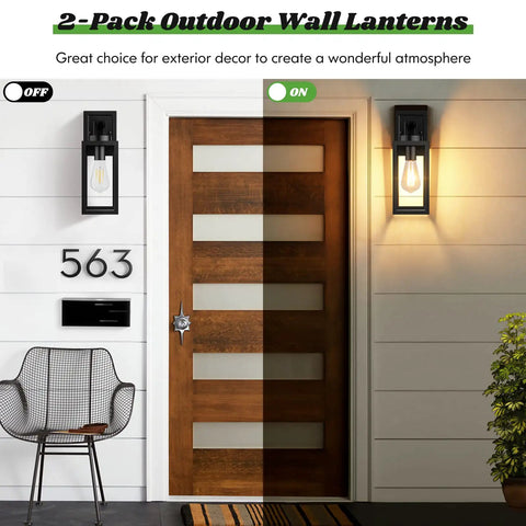 2 Pack Outdoor Wall Light Fixtures Exterior Waterproof Anti Rust Glass Shades Matte Black Porch Sconces for front door lighting