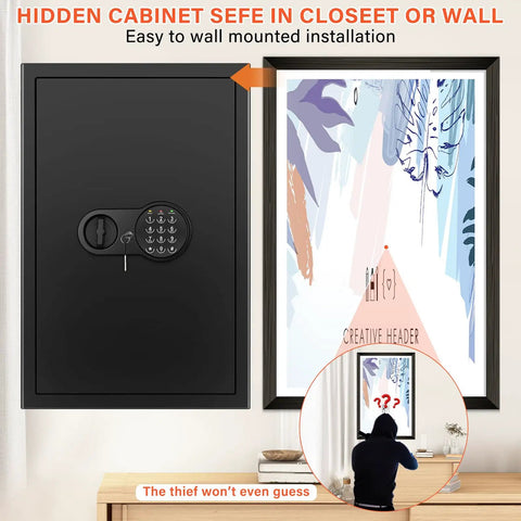 Hidden installation of Beefy Extra Large Home Safe With Digital Keypad 5 Cu Ft Capacity Tall 23.6 Inch Safe Box shown in wall.
