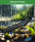 Cordless Battery Powered 33 Inch Garden Sprayer Wand in rain, black ABS handle, stainless steel tube visible