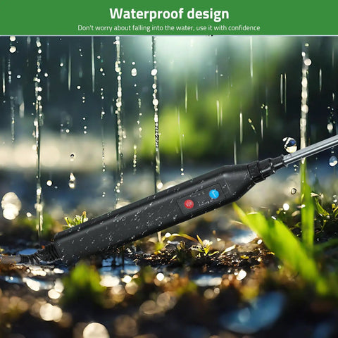 Cordless Battery Powered 33 Inch Garden Sprayer Wand in rain, black ABS handle, stainless steel tube visible