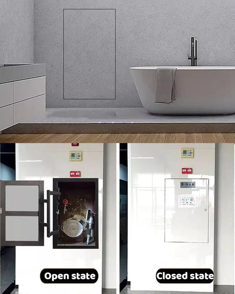 Slick Magnetic Inspection Hatch With Seamless Steel Frame For Drywall Shower Access in open and closed states.