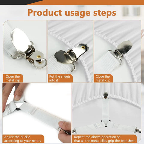 Four Pack Bed Sheet Straps With Metal Clips showing usage steps for adjustable elastic fitted sheet holders