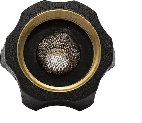 Close-up of brass water inlet fitting for pressure washer pumps, showing mesh filter, heavy duty, compatible with multiple models.