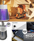 Outdoor No Brainer Bug Zapper Portable Mosquito Killer For Camping And Home shown with 600V purple LED, USB charging options