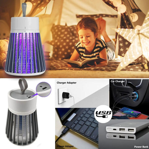 Outdoor No Brainer Bug Zapper Portable Mosquito Killer For Camping And Home shown with 600V purple LED, USB charging options