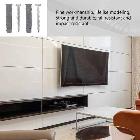 Ribbed Plastic Wall Anchors And Carbon Steel Screws Kit For TV Bracket Mounting Heavy Duty Rust Resistant Suitable For Drywall And Hollow Walls 6 Anchors And 6 Screws, with mounted TV