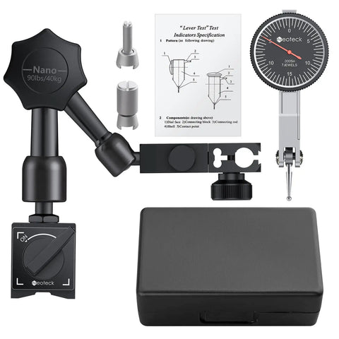 Dial Test Indicator Set With Magnetic Base And Storage Case 0-0.03 Inch Readout 0.0005 Inch Includes Two Steel Dovetail Clamps
