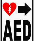 AED sign, 12x18 metal, bold black 'AED' letters with red heart and lightning bolt, right arrow