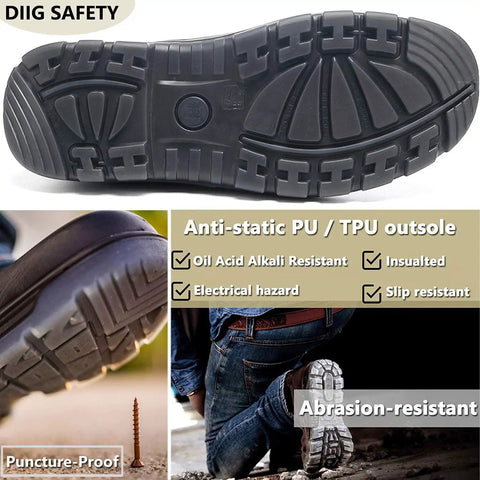 Sole of men's soft toe waterproof work boots with anti-static oil and slip resistance for heavy duty job sites