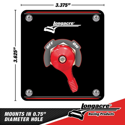 Longacre battery disconnect switch with panel; red ON/OFF knob on black mounting plate.