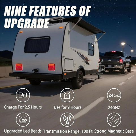Magnetic Wireless Trailer Lights Kit With Rechargeable Battery on trailer, showing 9-hour use and 100 ft range at night