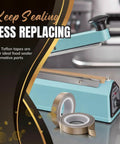 Pro Grade Heavy Duty High Temp Teflon Tape For Impulse Sealer And Vacuum Sealer, PTFE Fiberglass Tape, 13mm By 10m next to an impulse sealer.