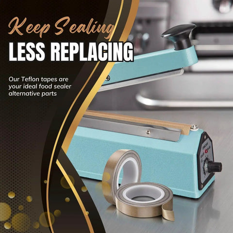 Pro Grade Heavy Duty High Temp Teflon Tape For Impulse Sealer And Vacuum Sealer, PTFE Fiberglass Tape, 13mm By 10m next to an impulse sealer.
